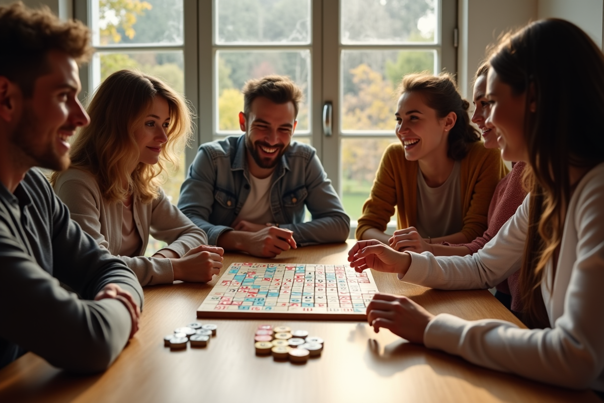 Groupe d'amis jouant au Rummikub avec sourire et concentration