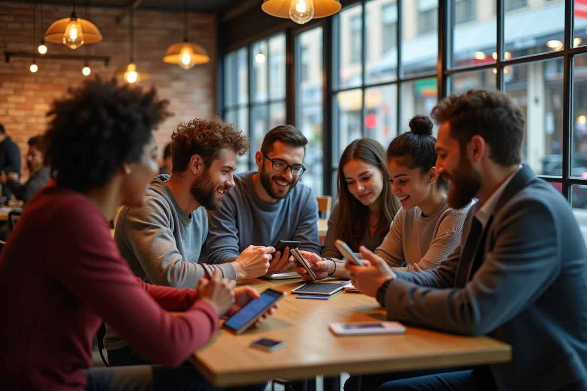 Groupe diversifié de personnes dans un café animé