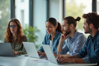 Groupe divers suivant une formation en ligne sur ordinateurs