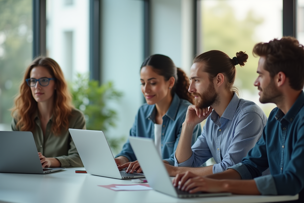 Groupe divers suivant une formation en ligne sur ordinateurs