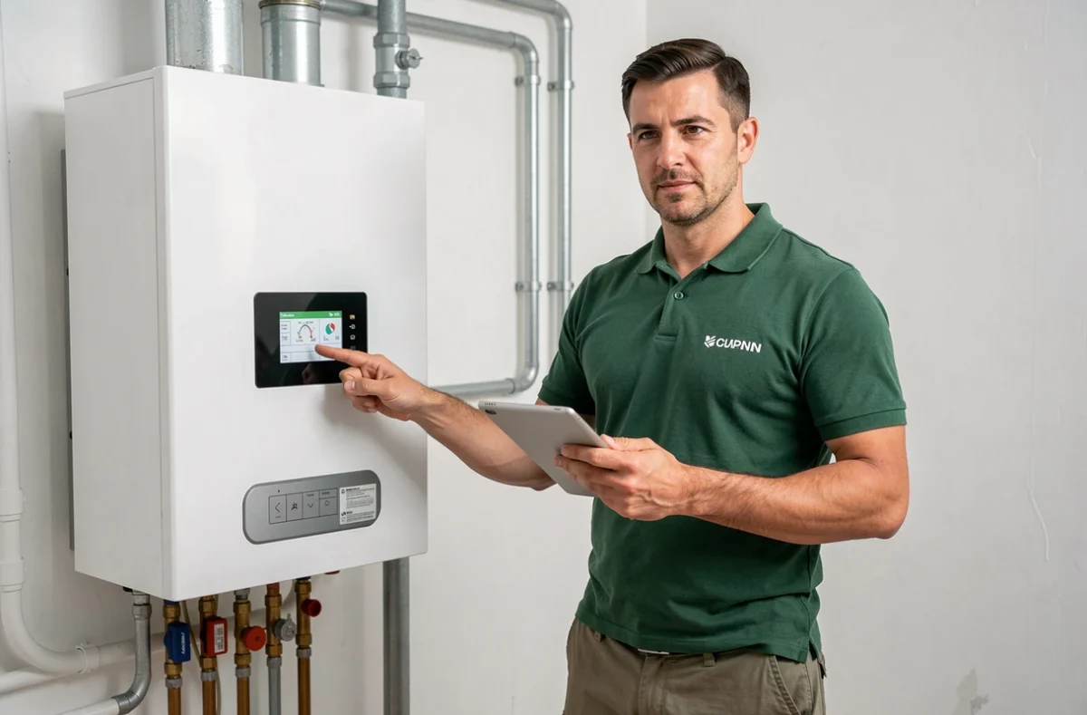 Un chauffagiste de la SARL Guillaume en polo vert inspecte une chaudière à condensation gaz dans une chaufferie propre avec une tablette de diagnostic
