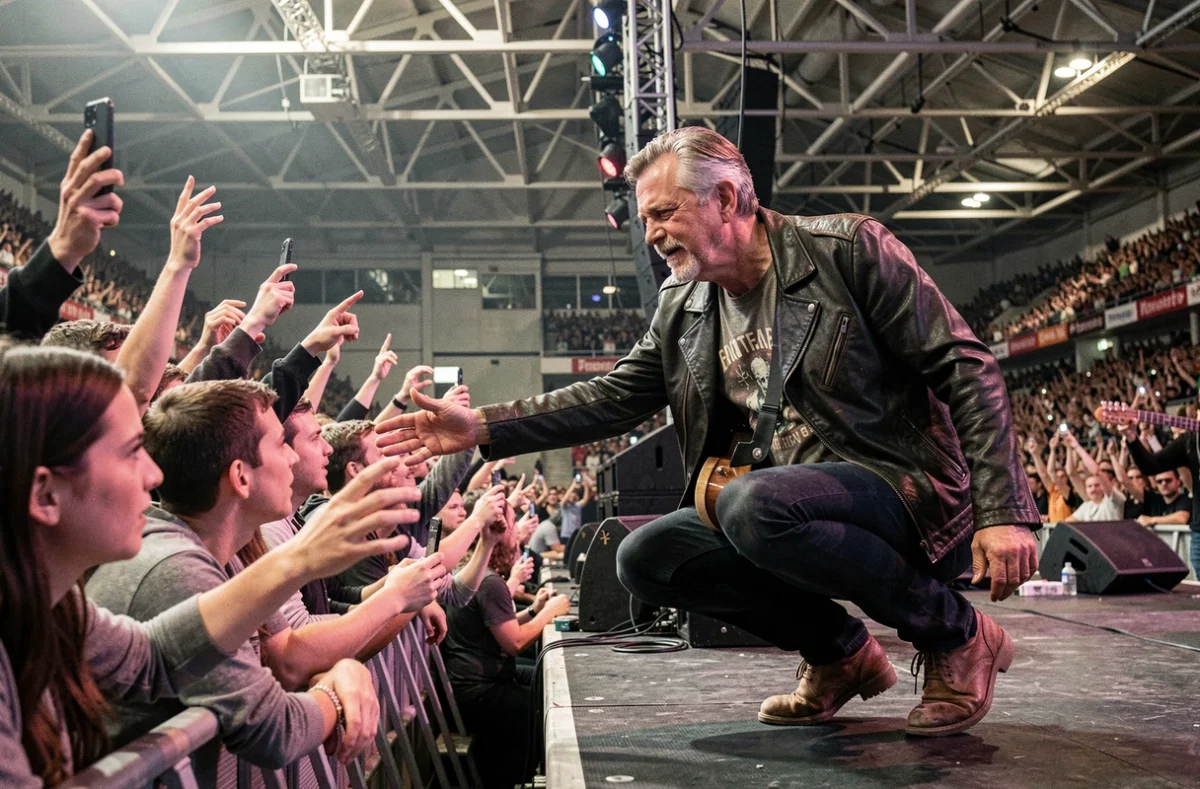 Guitariste rock se penchant vers les fans en bord de scène dans une salle de concert comble