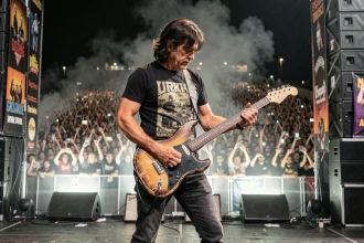 Guitariste masculin aux cheveux longs jouant sur scène devant une foule immense lors d'un concert rock