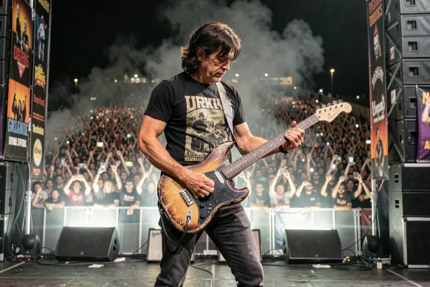 Guitariste masculin aux cheveux longs jouant sur scène devant une foule immense lors d'un concert rock