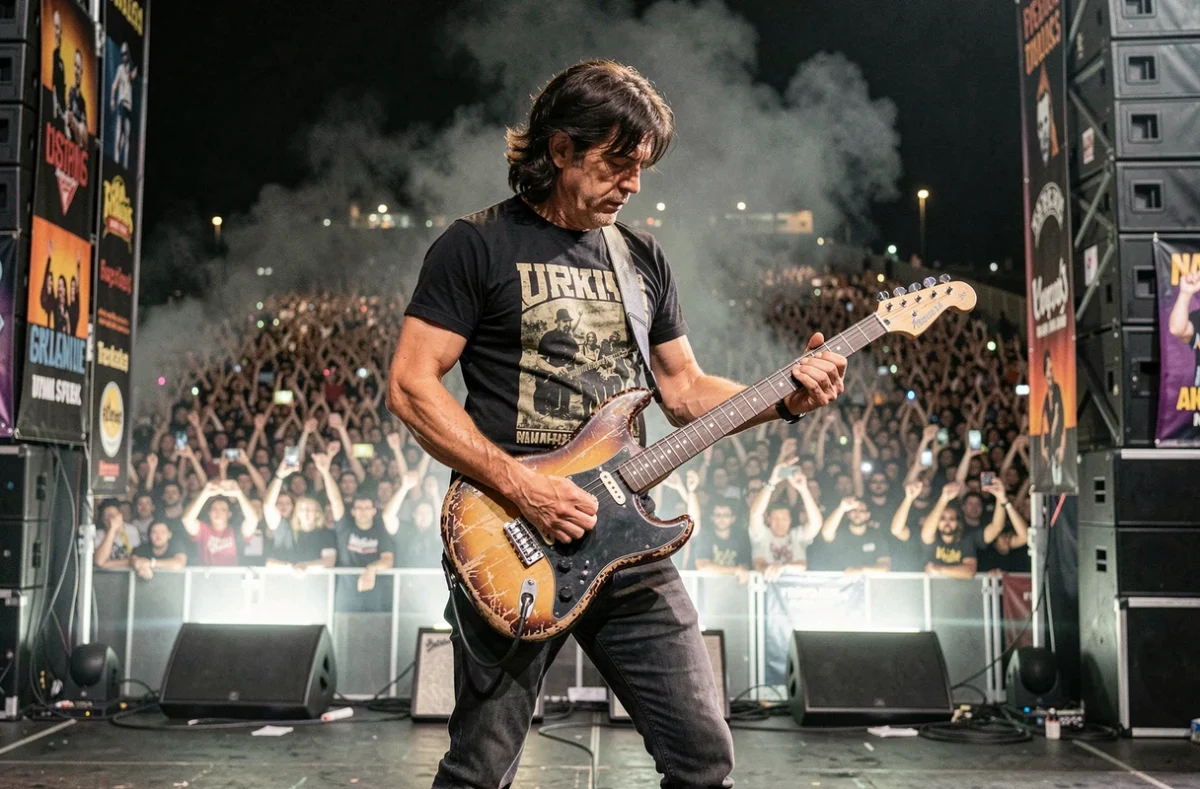 Guitariste masculin aux cheveux longs jouant sur scène devant une foule immense lors d'un concert rock