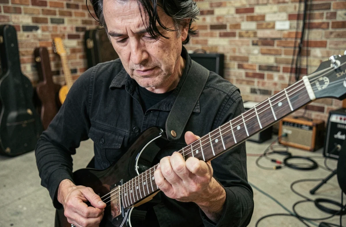 Portrait en gros plan d'un guitariste en studio de répétition avec détail des doigts sur les cordes de guitare électrique