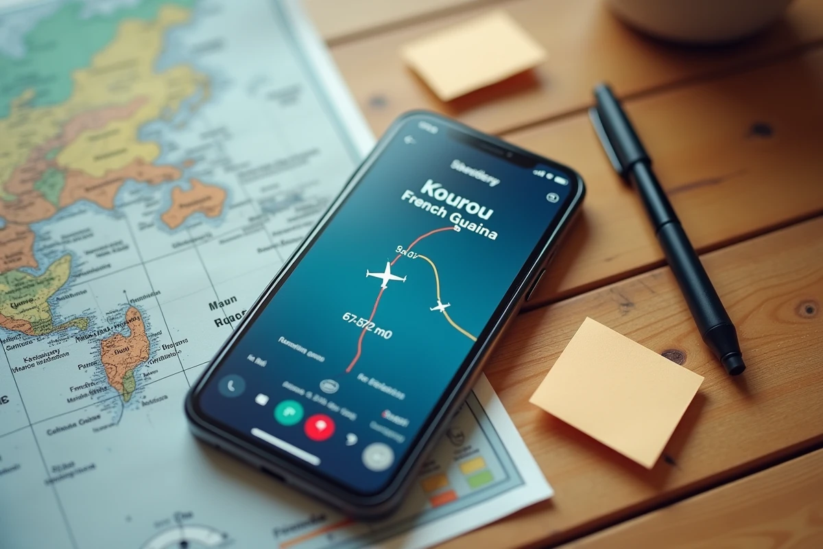Smartphone affichant une application de suivi de vol avec une carte du monde et un fuseau horaire indiquant l'heure en Guyane depuis Kourou