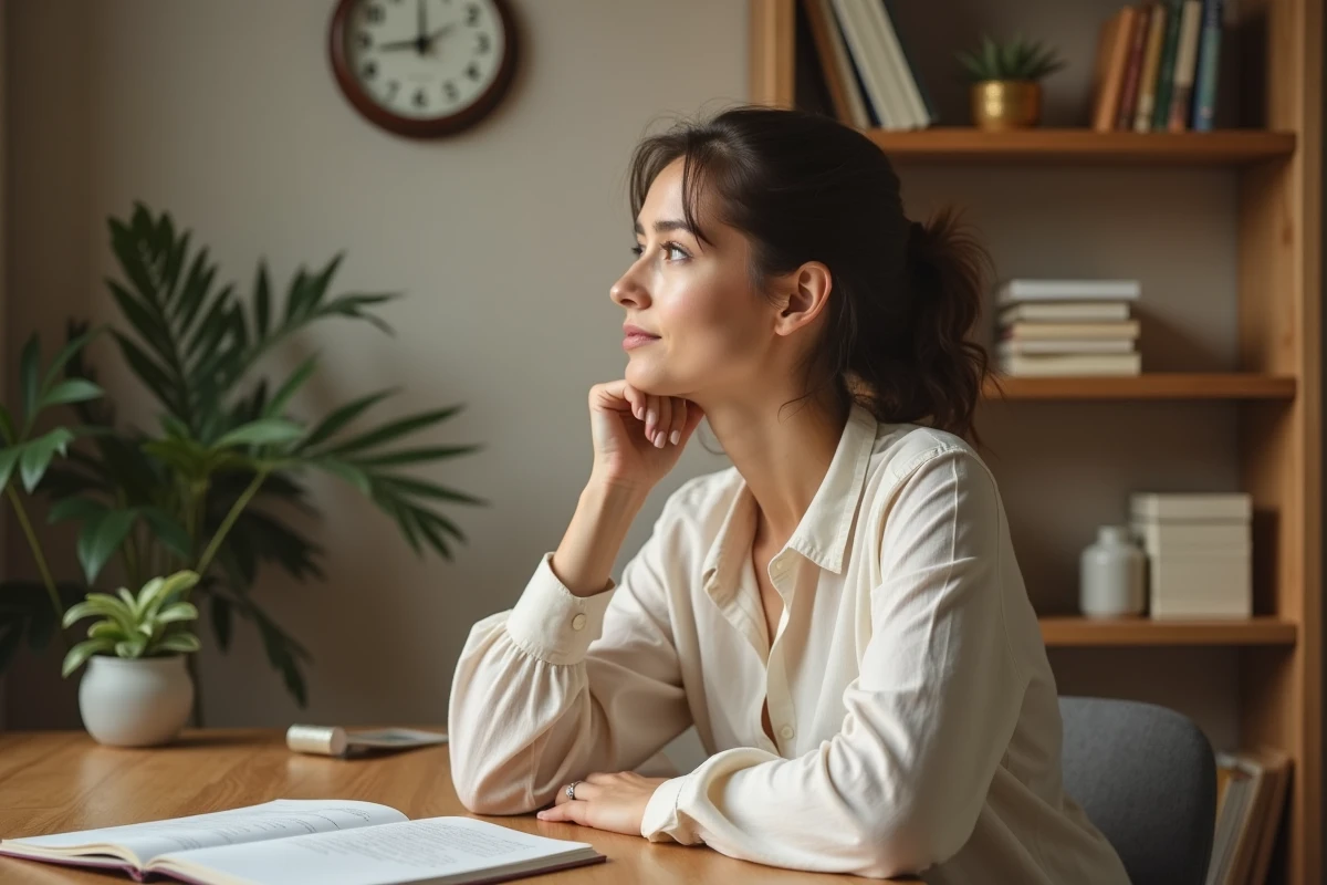 Femme contemplant l'heure miroir 13h31 sur une horloge murale, assise à un bureau en bois avec un journal de développement personnel ouvert