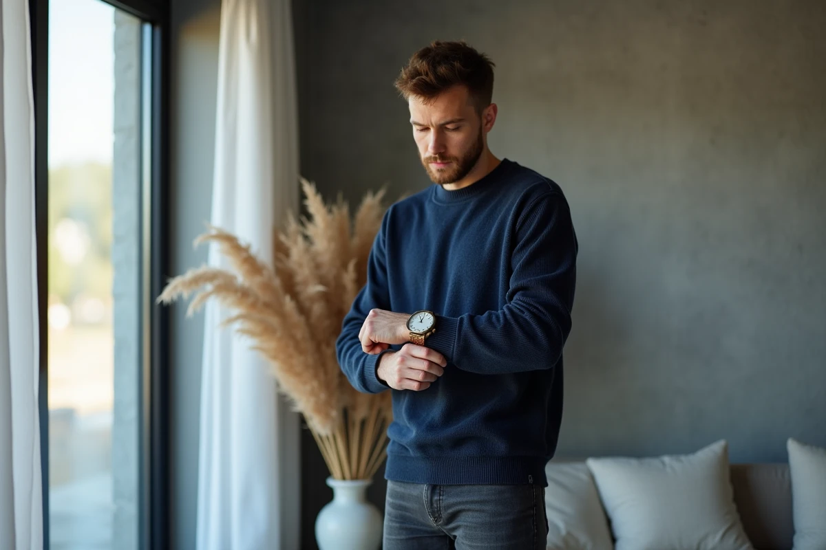 Homme regardant sa montre affichant 13h31 près d'une fenêtre, dans un appartement moderne minimaliste, réflexion sur sa mission de vie