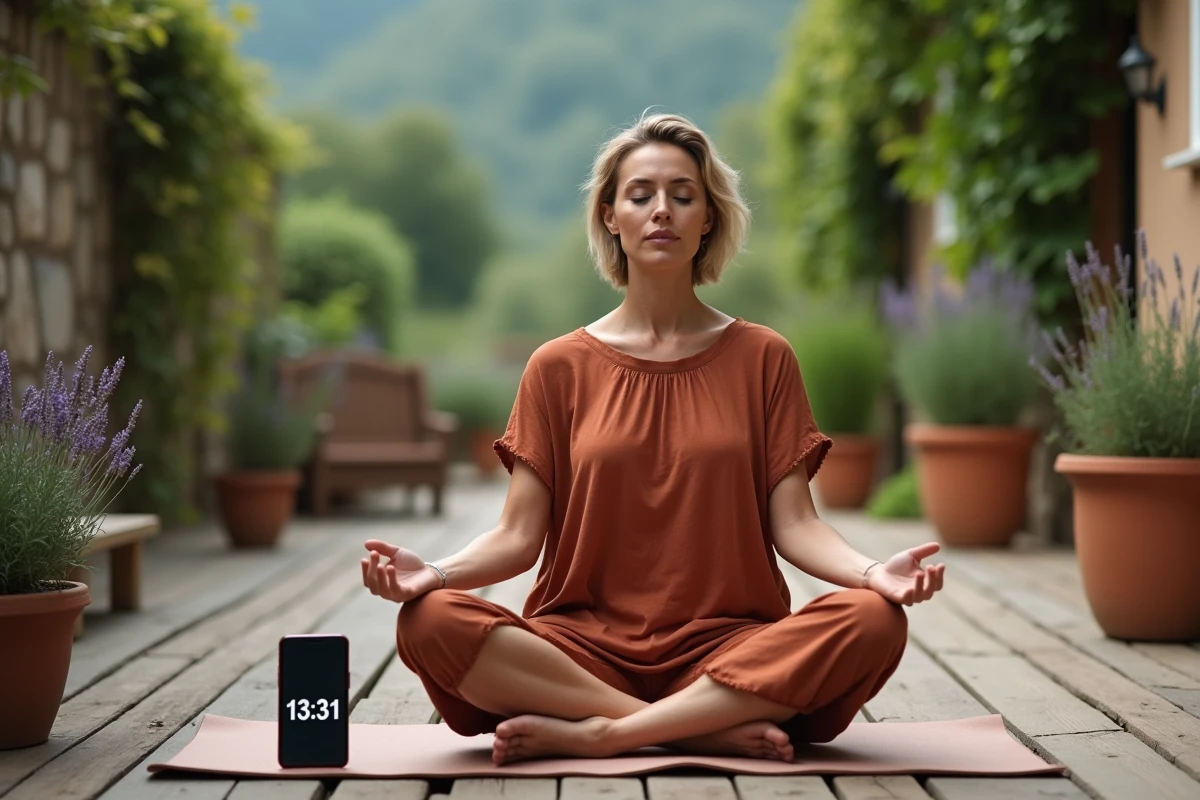 Femme en méditation sur une terrasse en bois avec un smartphone affichant 13h31, entourée de plantes aromatiques, connexion spirituelle et mission de vie