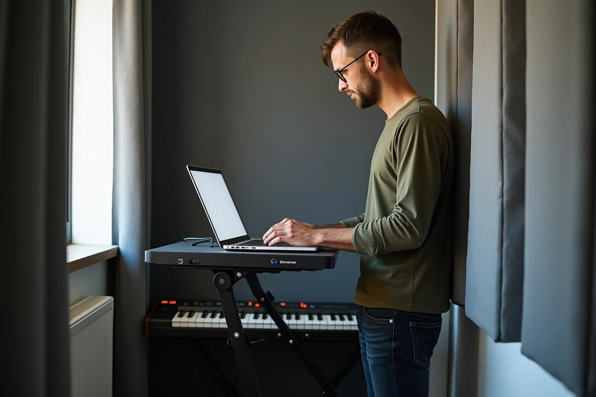 Musicien en home studio consultant un simulateur de niveau sonore sur ordinateur portable avant une répétition en appartement