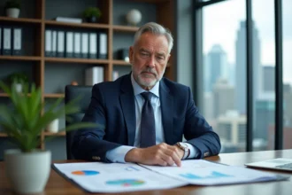 Homme d'affaires en costume bleu regardant des rapports financiers