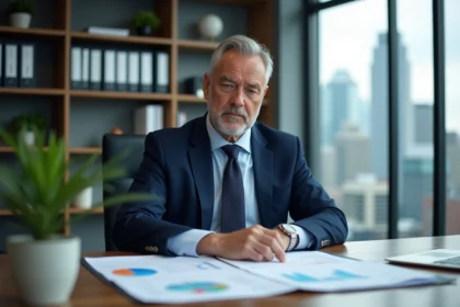 Homme d'affaires en costume bleu regardant des rapports financiers