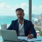 Homme d'affaires en costume dans un bureau moderne avec vue sur la ville