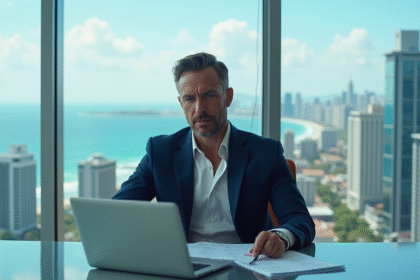 Homme d'affaires en costume dans un bureau moderne avec vue sur la ville