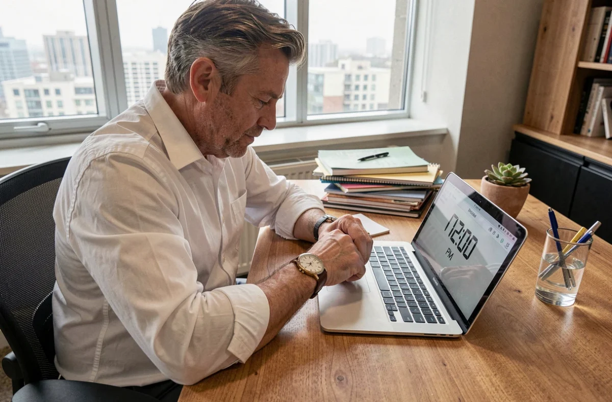 Homme en bureau comparant sa montre analogique et l'horloge d'un ordinateur portable affichant 12h00 PM, illustration de la différence AM et PM à midi