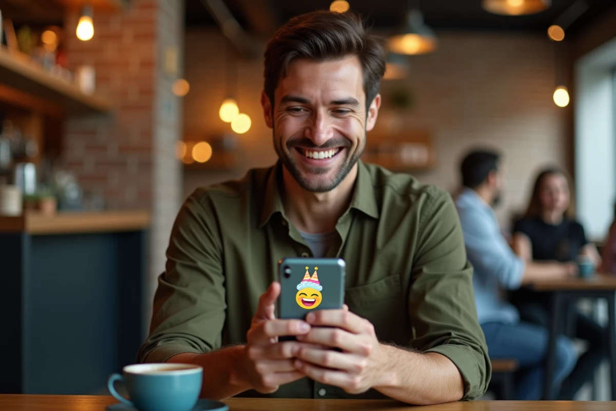 Homme souriant tenant un smartphone avec une carte d'anniversaire virtuelle smiley rigolo