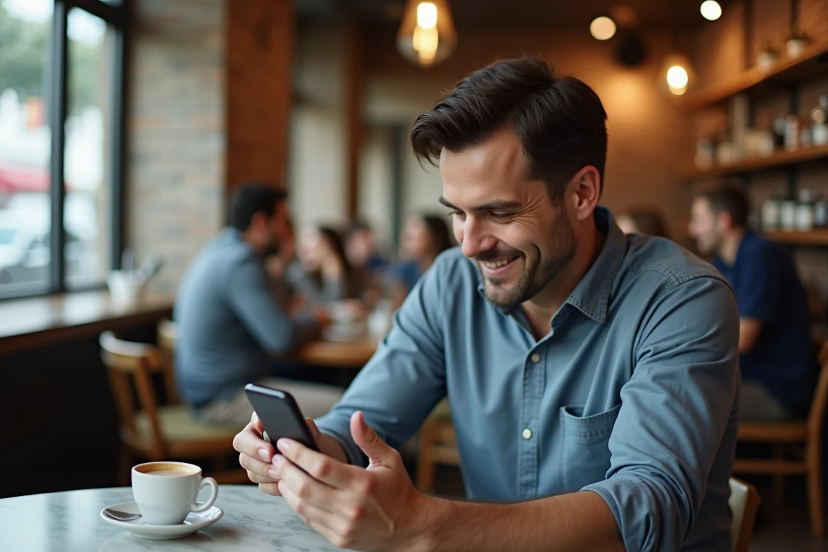 Homme souriant consultant son smartphone pour jouer à Cemantix dans un café urbain