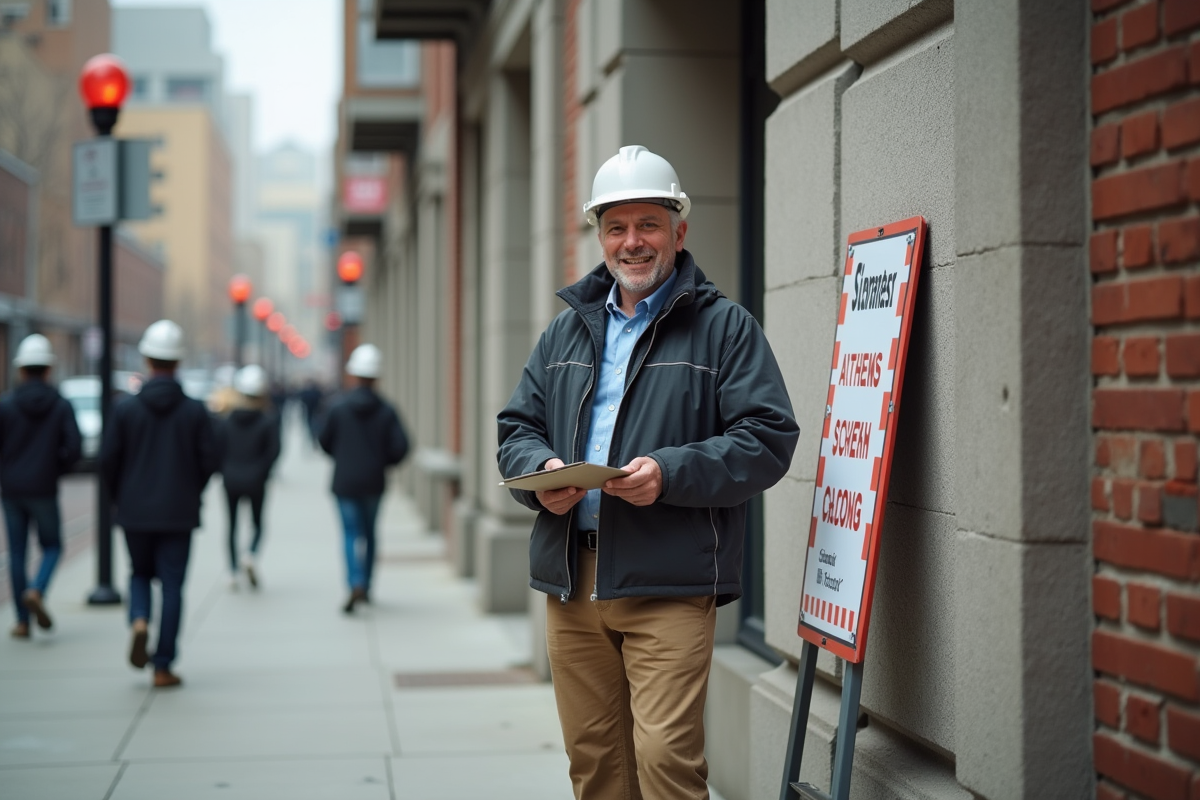 Homme souriant sur un chantier en ville avec panneau de construction