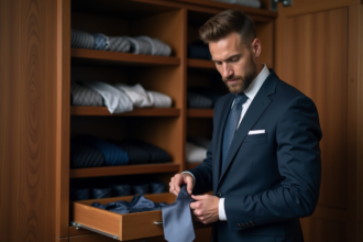 Homme en costume navy choisissant une cravate en soie