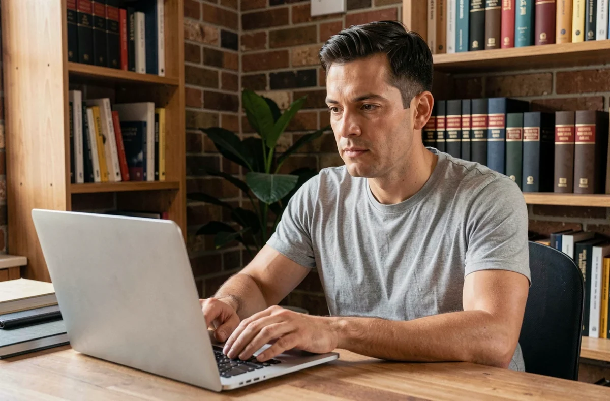 Homme consultant un site web sur son ordinateur portable dans un bureau à domicile, illustrant l'utilisation de plateformes en ligne comme Tarbob