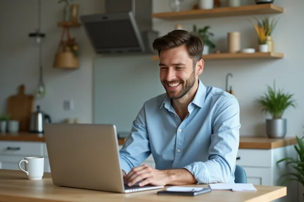 Homme en casual sur une cuisine moderne avec ordinateur