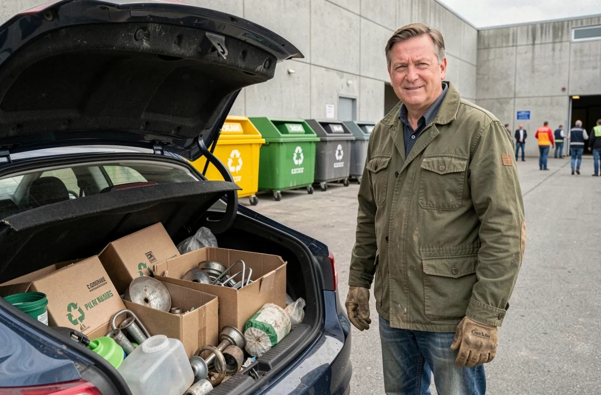 Homme préparant ses déchets triés dans le coffre de sa voiture avant d'accéder à la déchetterie