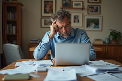Homme d'âge moyen frustré avec papiers et ordinateur