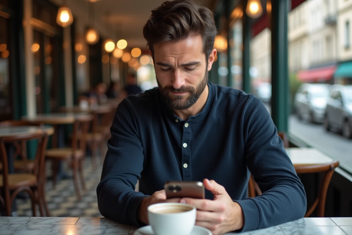 Homme jouant à un jeu de mots sémantique sur smartphone dans un café parisien