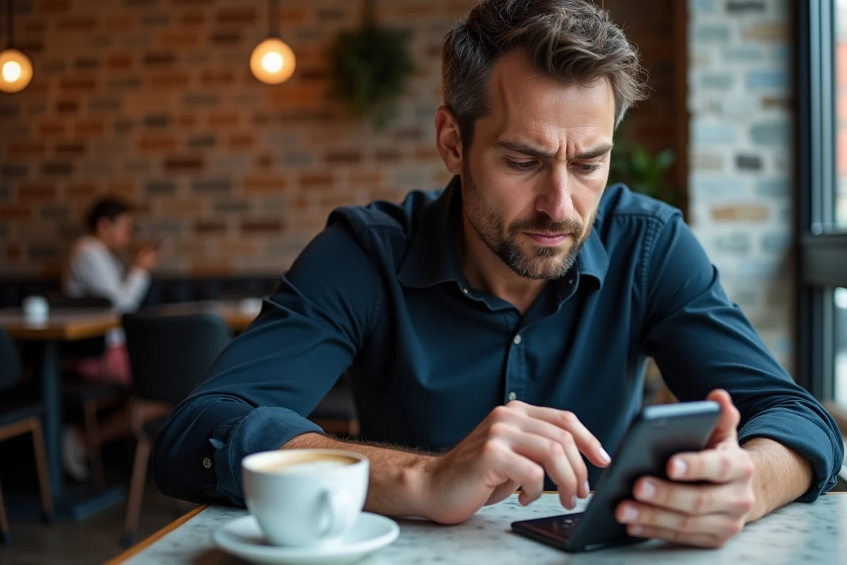Homme jouant à un jeu de déduction de mots sur smartphone dans un café urbain moderne