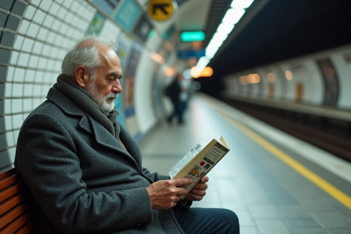 Homme âgé lisant un guide dans la station Jean Jaures