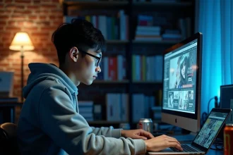 Jeune homme consultant un site de manga gratuit sur son ordinateur portable avec des données potentiellement exposées aux risques cybernétiques
