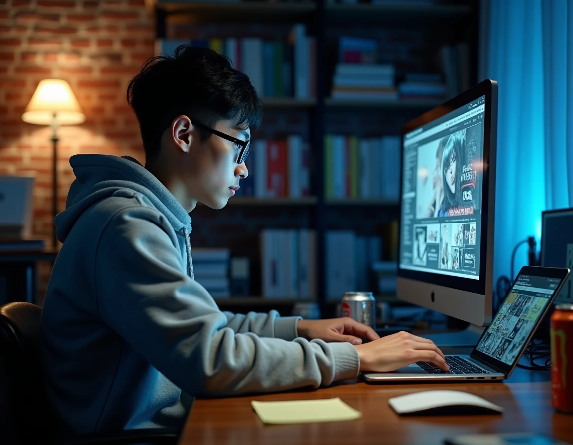 Jeune homme consultant un site de manga gratuit sur son ordinateur portable avec des données potentiellement exposées aux risques cybernétiques