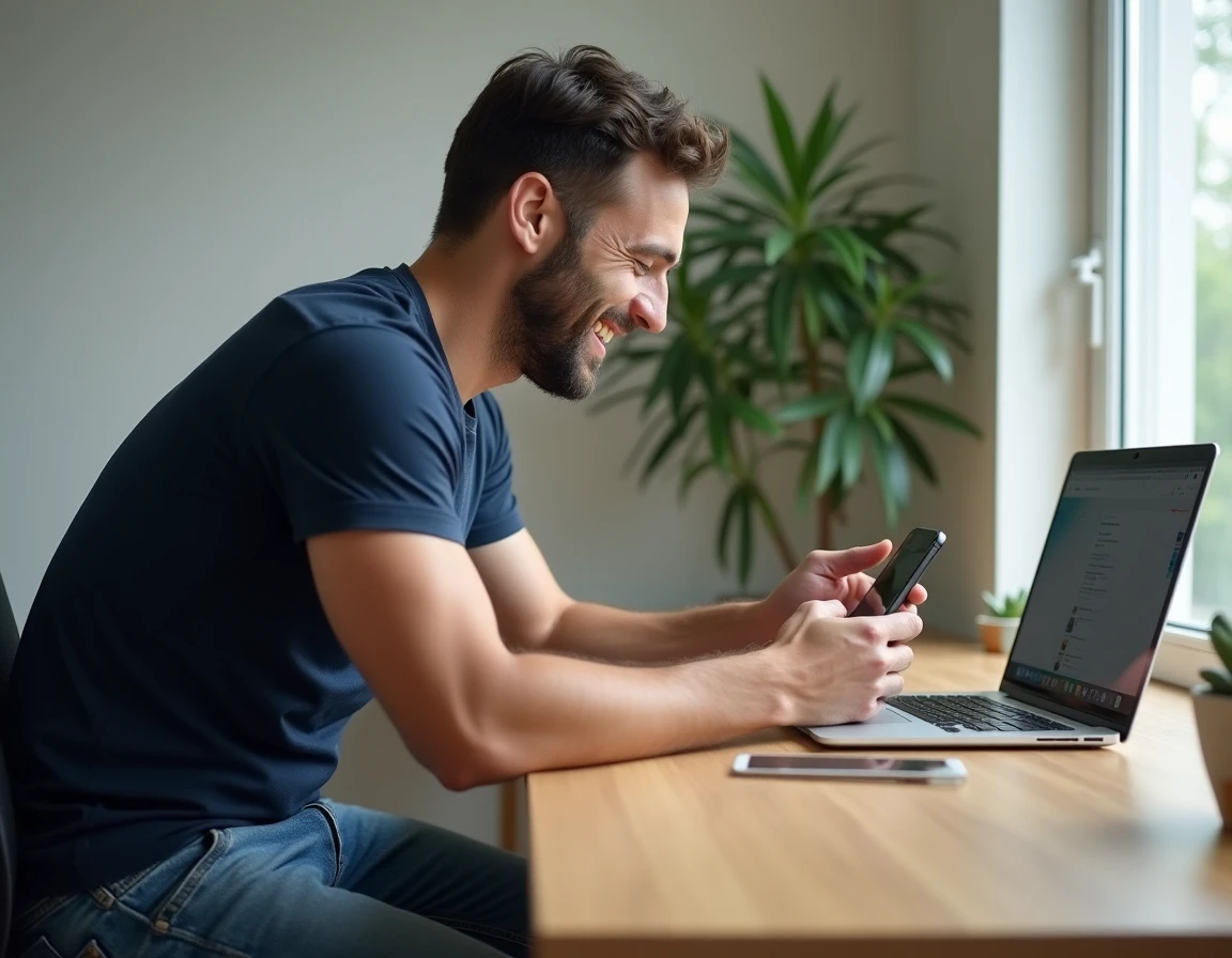 Homme accédant aux dés gratuits Monopoly GO sur Android depuis son bureau à domicile avec smartphone et ordinateur