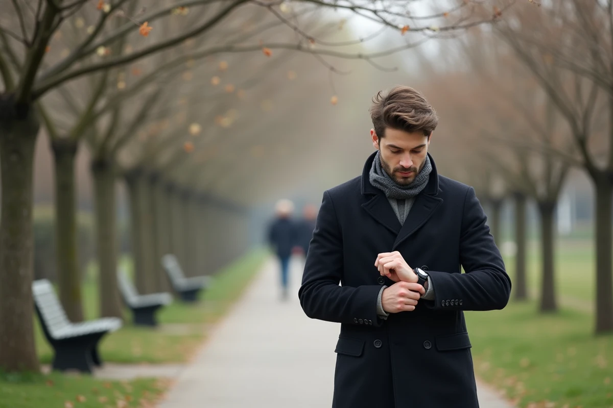 Homme dans un parc au printemps regardant sa montre
