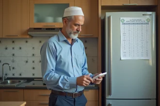 Homme nord-africain vérifiant un planning de prières dans la cuisine