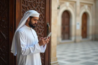 Homme musulman en thobe vérifiant l'horaire de prière devant une mosquée