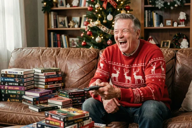 Homme en pull de Noël rouge riant devant des films cultes de fin d'année entouré de DVDs et cassettes VHS holiday