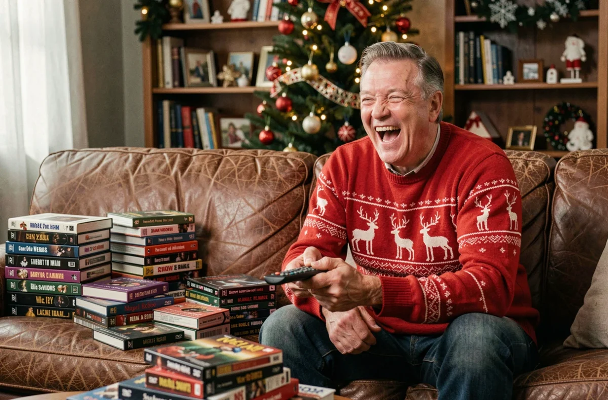 Homme en pull de Noël rouge riant devant des films cultes de fin d'année entouré de DVDs et cassettes VHS holiday
