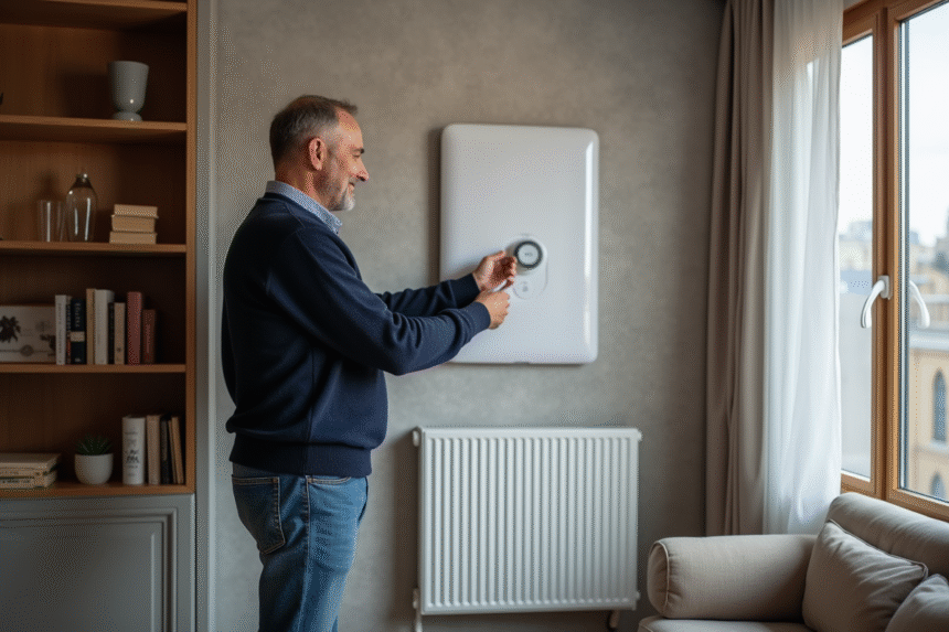 Homme d'âge moyen ajustant un radiateur électrique moderne dans un salon cosy