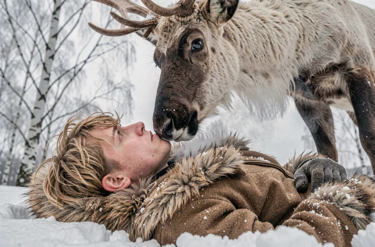 Homme allongé dans la neige regardant vers le ciel avec un renne curieux penché au-dessus de lui, capturant un moment de complicité touchante et ludique entre un homme et son animal