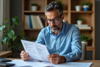 Homme d'âge moyen examinant un relevé financier à domicile