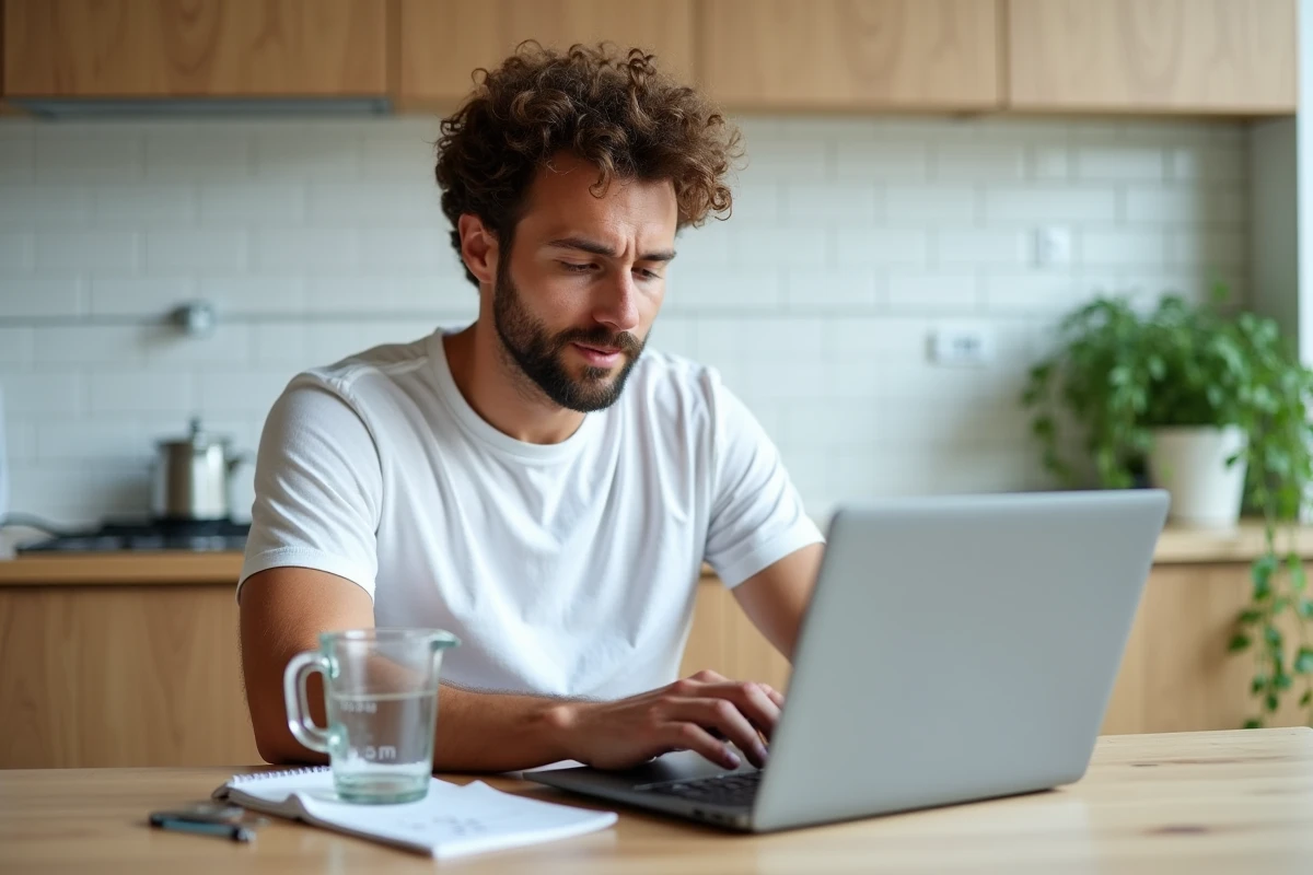 Homme utilisant un tableau de conversion m3 en ligne sur un ordinateur portable dans une cuisine moderne