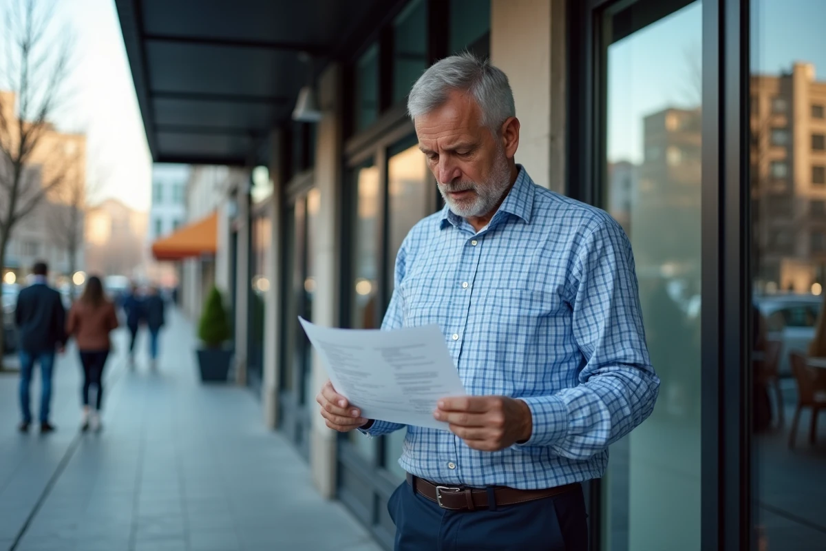 Homme vérifiant un reçu devant une boutique moderne en ville