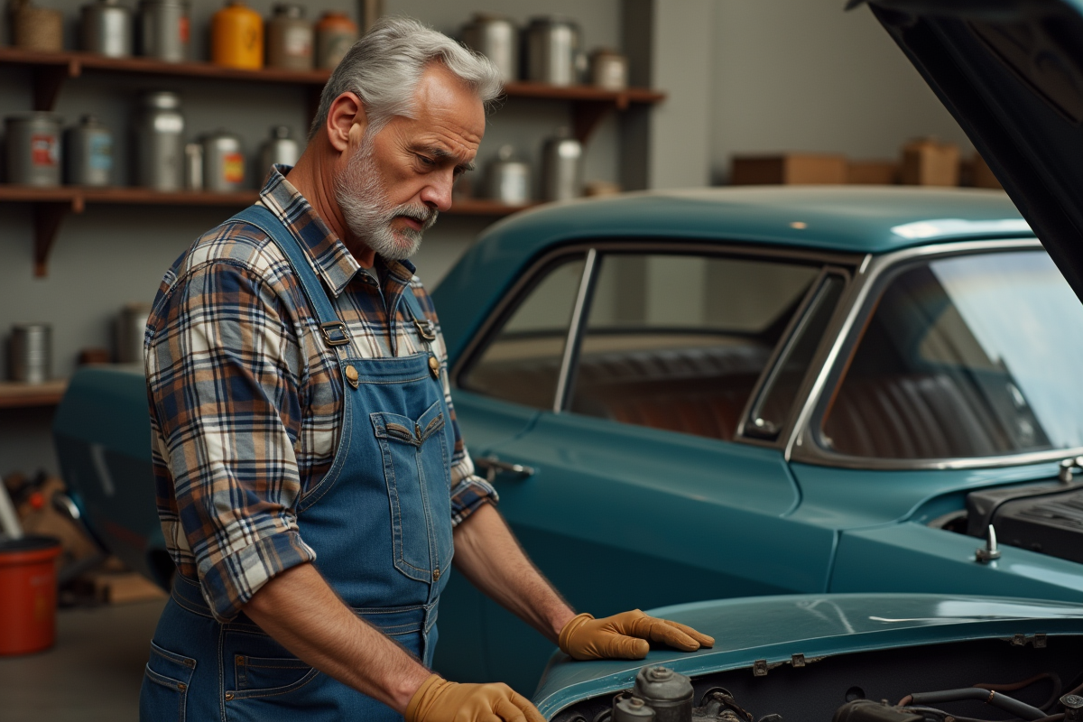 Homme en salopette examine un moteur de voiture ancienne