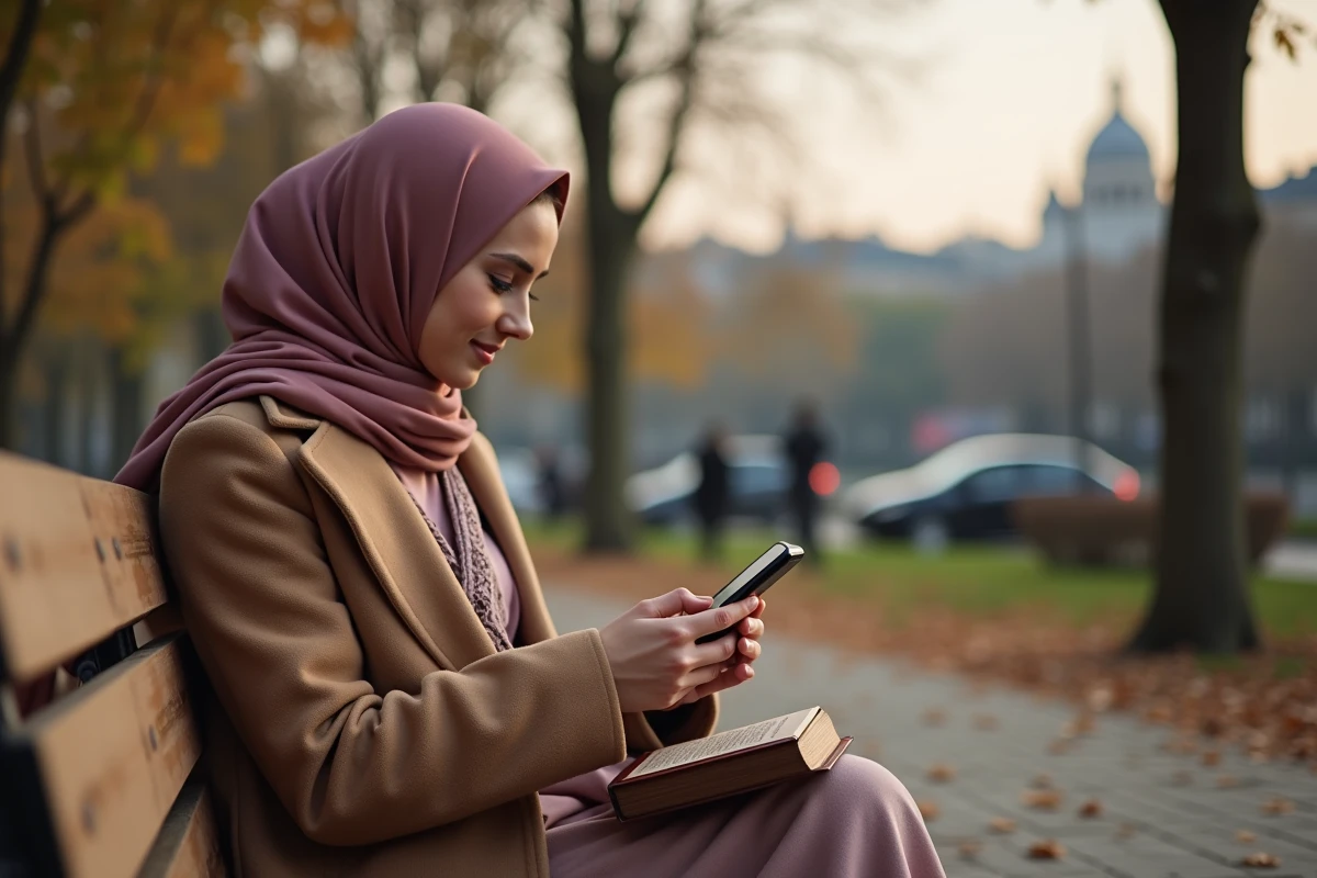 Jeune femme consultant les horaires de prière du ramadan sur son téléphone dans un parc parisien