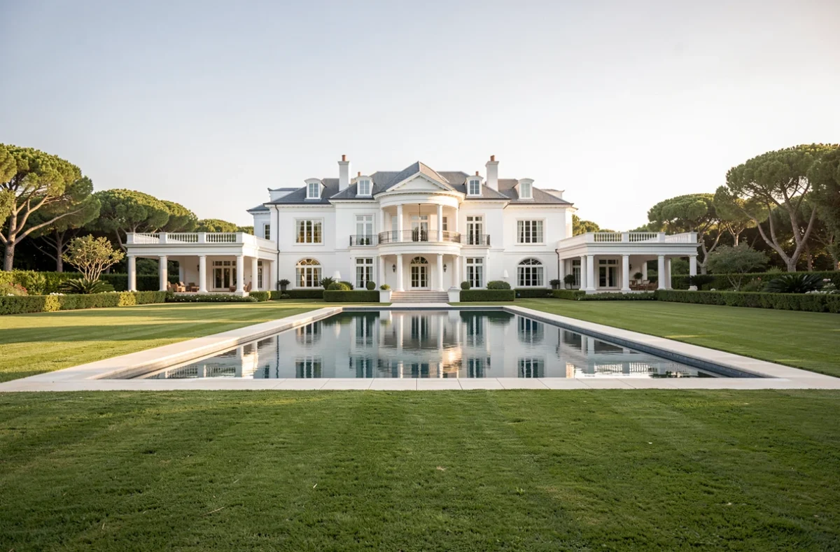 Immense villa de luxe blanche avec piscine et pelouse entretenue