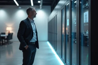 Ingénieur en tech devant un ordinateur quantique moderne