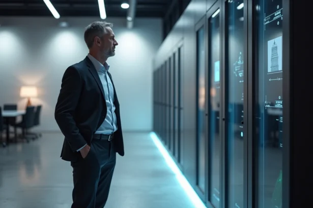 Ingénieur en tech devant un ordinateur quantique moderne