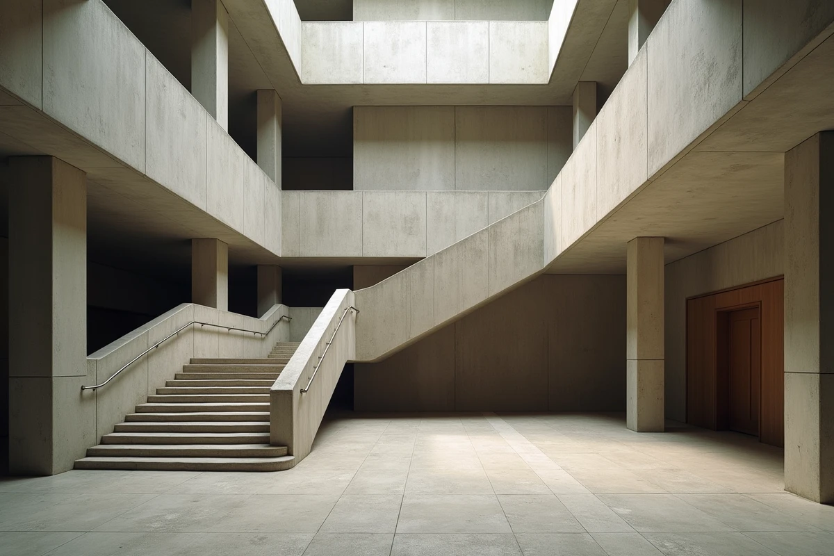 Intérieur d'un bâtiment brutaliste de style Marcel Breuer avec escalier en béton apparent, plafond à caissons et sol en terrazzo dans un atrium monumental